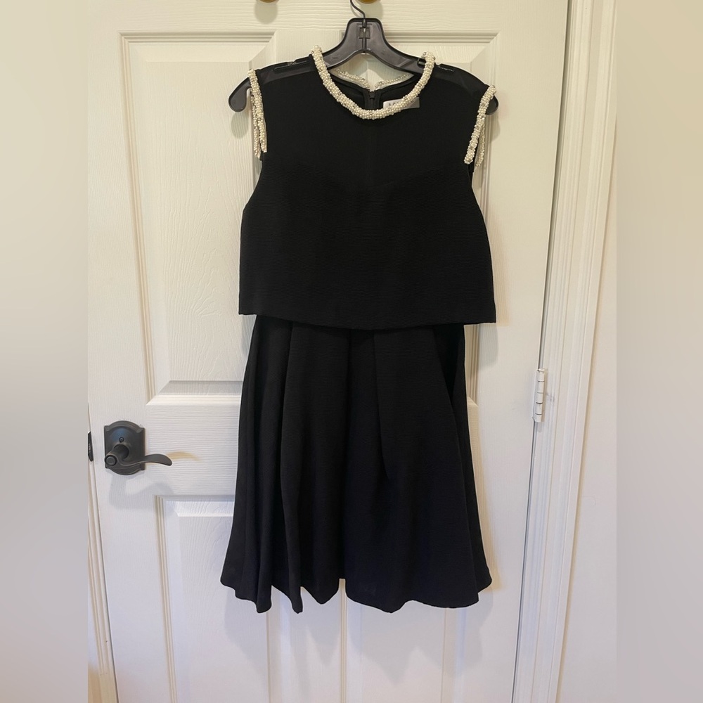 Sandro Black Sleeveless Peplum Cocktail Dress with Pearls